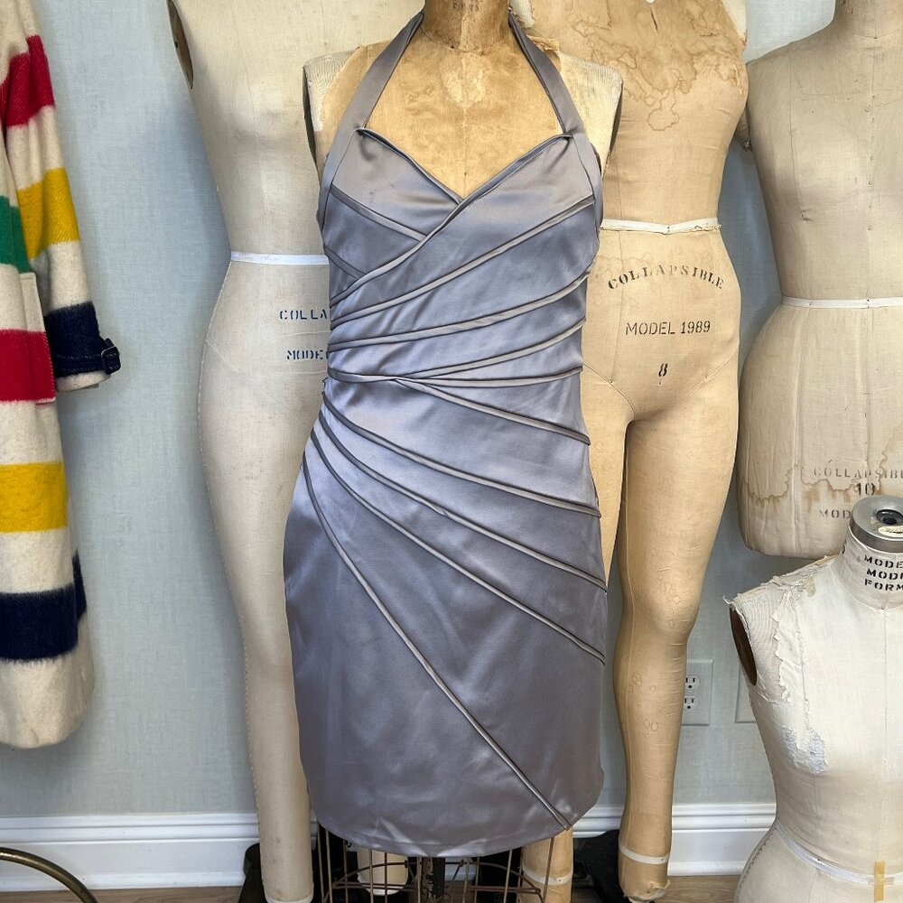 NWT Beulah the new land Silver Halter Origami Pleated Satin Boned Cocktail Dress